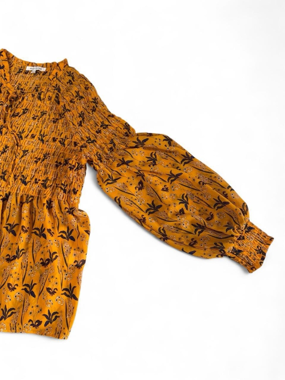 Rose & Olive yellow Mustard Floral Smocked balloon sleeves top - Picture 3 of 6